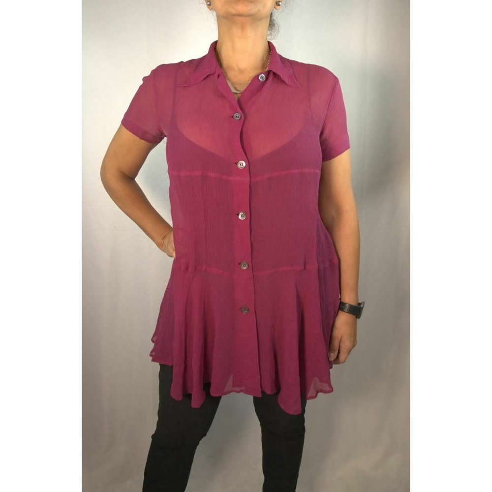 Gigli Dark Pink Purple Light Sheer Silk Button Up Tunic Blouse